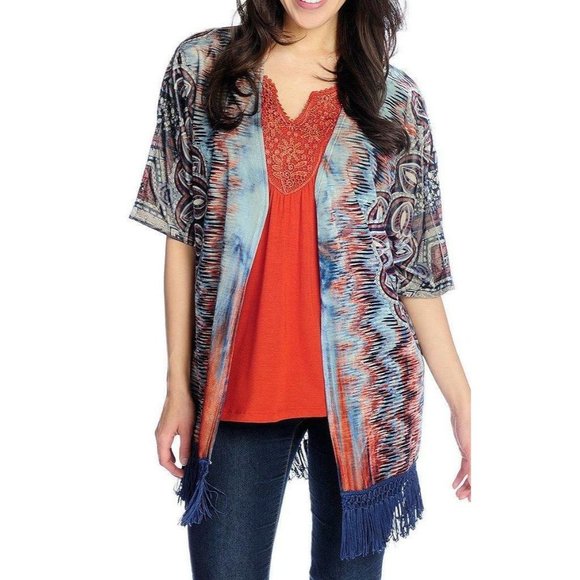 ONE WORLD Tops - 165 ONE WORLD Printed Velvet Dolman Fringe Hem Kimono Topper Cardigan M Women's